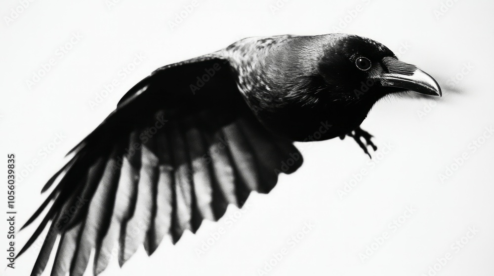 Fototapeta premium a close up shot of a crow flying, white background,