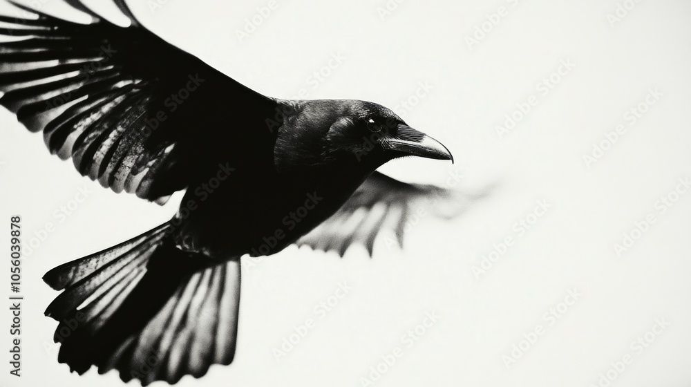 Fototapeta premium a close up shot of a crow flying, white background,