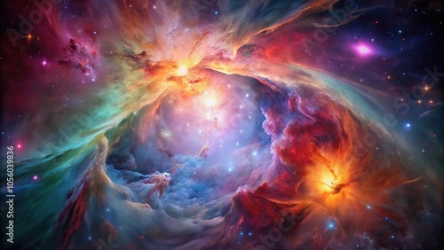 Stunning photo of the Orion Nebula with vibrant colors and intricate details, star birth, galaxy views photo