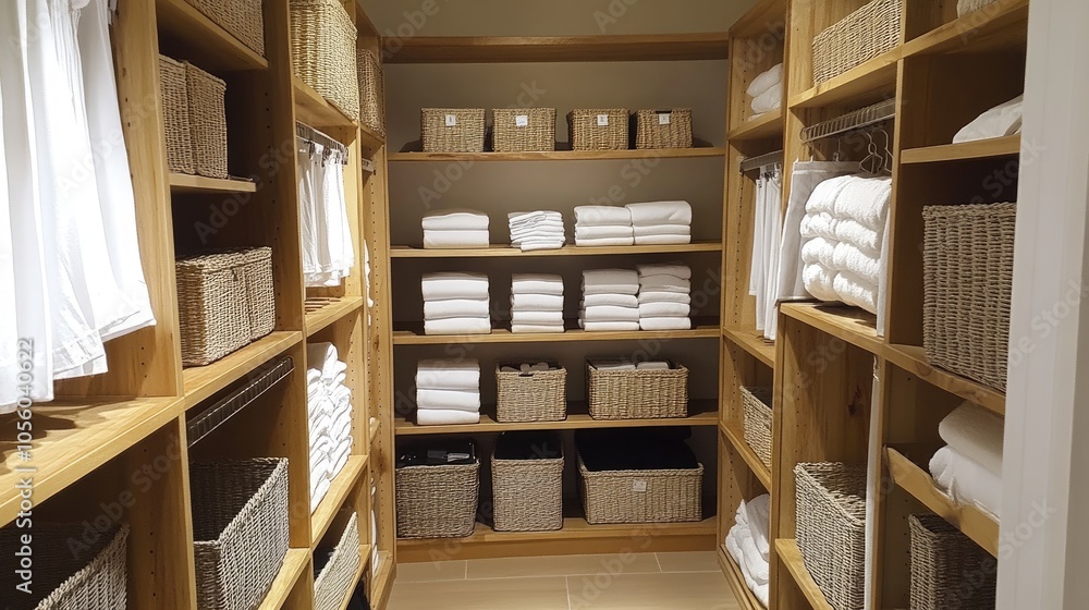 Obraz premium Organized Scandinavian closet with open shelving, baskets, and light wood tones, showcasing simplicity and function