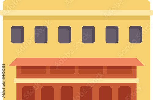 Simple vector illustration of a big yellow building with an awning over the ground floor windows