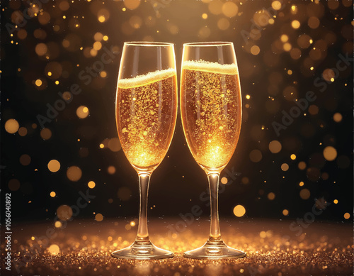 vector of two champagne glasses with gold glitters and bokeh lights on a gold and black background