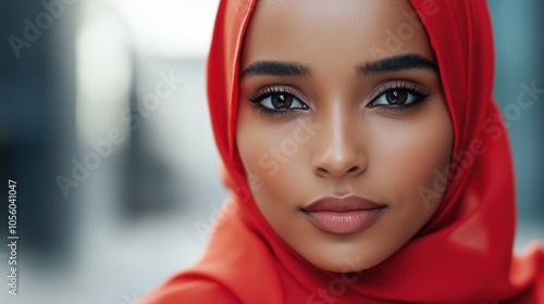 Vogue-Inspired Portrait of a Woman in Red Hijab with Glossy Makeup