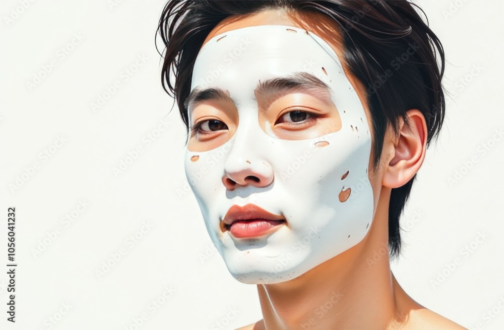 Portrait of a young Asian man with a cosmetic mask on his face at home. Facial skin care Portrait of a young Asian man with a cosmetic mask on his face at home. Facial skin care