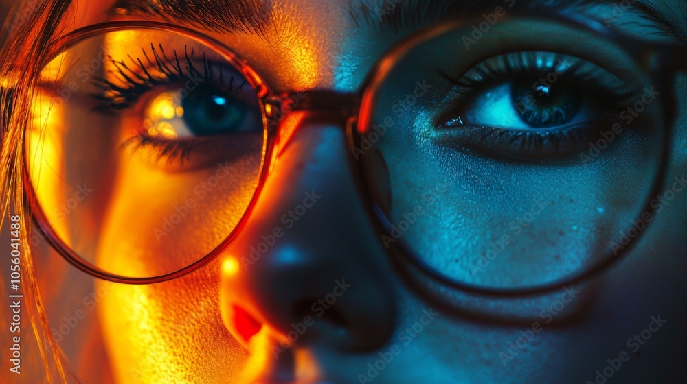 Close-up of woman's face with glasses and dramatic lighting Close-up of woman's face with glasses and dramatic lighting
