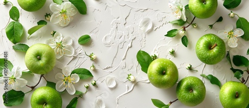 Fresh Green Apples With White Blossoms on a White Background