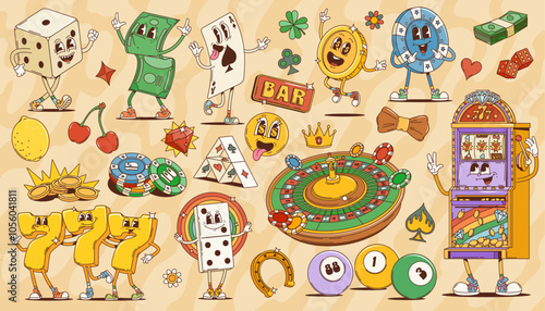 Cartoon groovy casino and gambling characters of gamble sport games and bets. Retro psychedelic poker card, dice, chips and roulette vector personages. Vintage groovy slot machine, gold coins, money