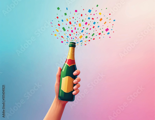 vector of a hand holding a bottle of champagne with colorful confetti bursting out in the background