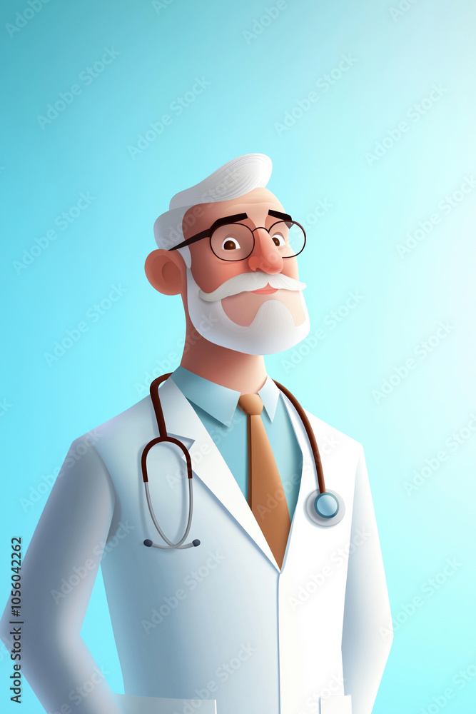 Cartoon doctor in a white coat with glasses on a light blue background Cartoon doctor in a white coat with glasses on a light blue background