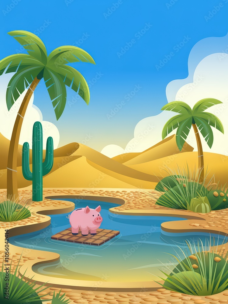 Obraz premium A cheerful illustration of a serene desert oasis featuring palm trees and a playful pig on a raft. The bright colors convey tranquility and natural beauty.