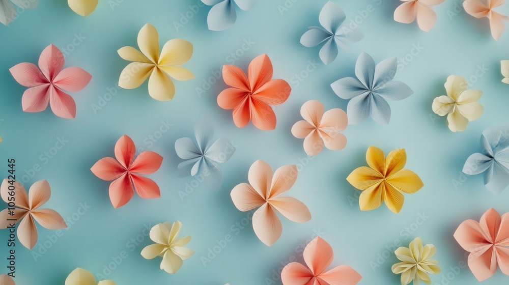 A colorful array of paper flowers floating on a pastel blue background A colorful array of paper flowers floating on a pastel blue background