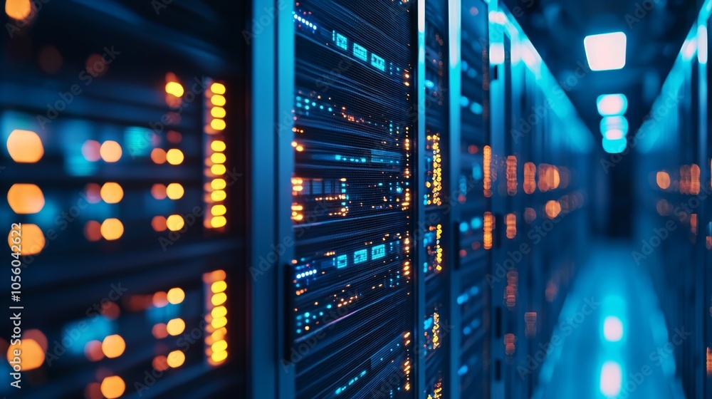Modern server racks with glowing lights in a data center Modern server racks with glowing lights in a data center