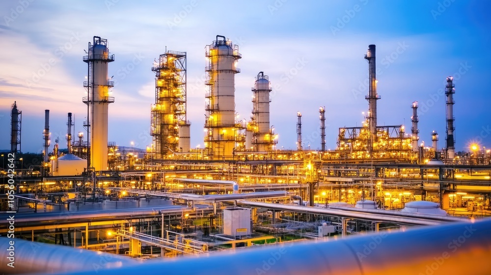 Twilight scene of an oil refinery with lights illuminating rows of towers, pipes, and storage tanks, creating a dramatic industrial atmosphere Twilight scene of an oil refinery with lights illuminating rows of towers, pipes, and storage tanks, creating a dramatic industrial atmosphere