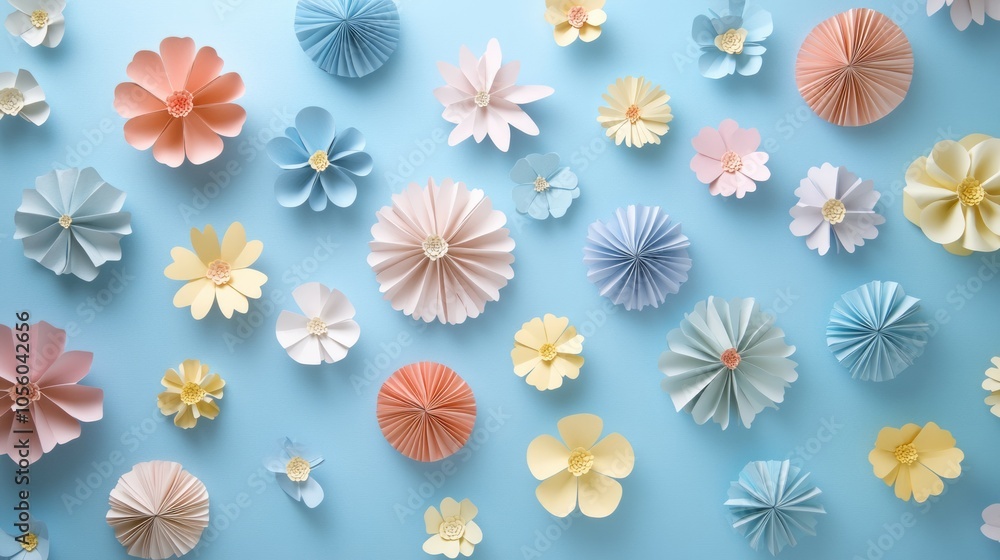 A colorful array of paper flowers floating on a pastel blue background A colorful array of paper flowers floating on a pastel blue background