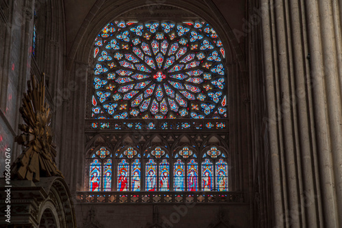 Stained glass window in the church of the diocese of Séez in Normandy, France photo