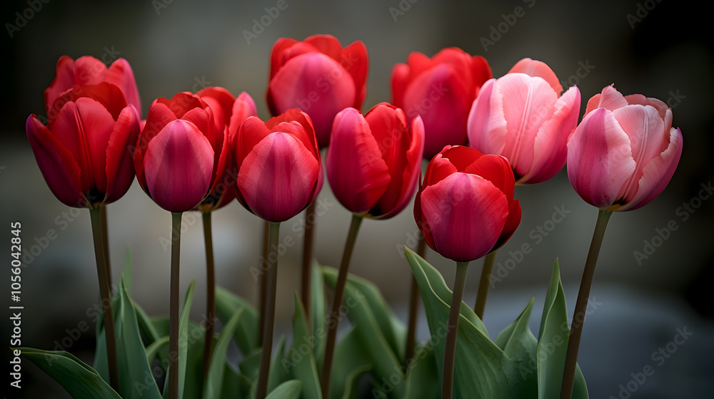 Fototapeta premium A bouquet of red and pink tulips with green stems and leaves.