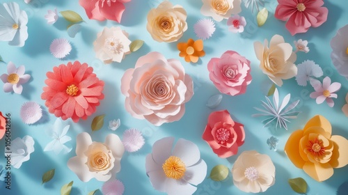 A colorful array of paper flowers floating on a pastel blue background