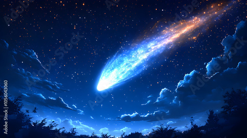 A bright shooting star streaks across a dark night sky, illuminating the clouds with its fiery tail.