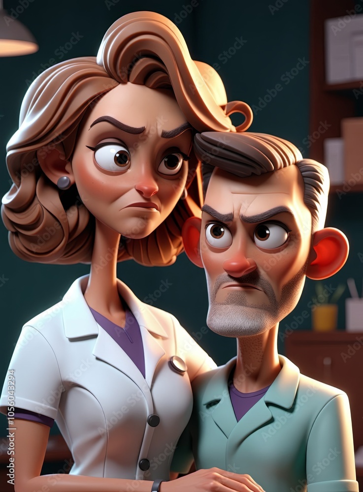 Animated couple with concerned expressions in a dramatic scene Animated couple with concerned expressions in a dramatic scene