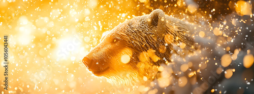 A close up of a bear's head in a golden glow with bokeh lights.