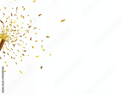vector of a golden party popper is bursting out golden confetti and streamers on a white background