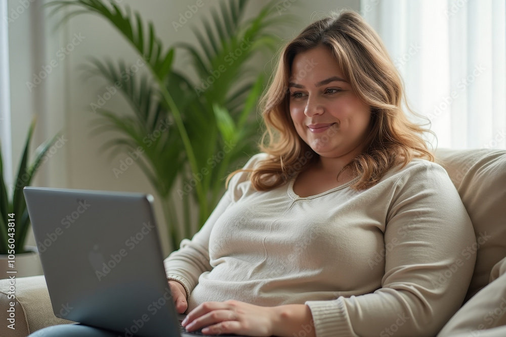 a plump woman in a light tunic with light brown wavy hair flowing down to her shoulders works at home on a laptop a plump woman in a light tunic with light brown wavy hair flowing down to her shoulders works at home on a laptop