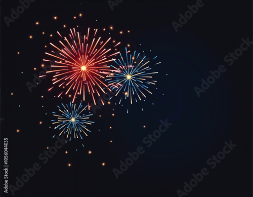 vector a fireworks display on a dark blue background with a red, white, and blue fireworks starburst