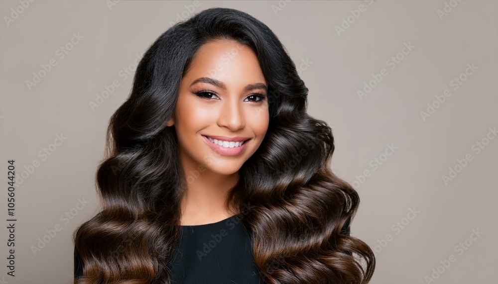 Beauty brunette girl with long shiny curly hair . Beautiful smiling woman model wavy hairstyle . Beauty brunette girl with long shiny curly hair . Beautiful smiling woman model wavy hairstyle .