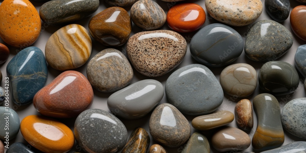 Smooth pebbles, colorful river rocks, close-up photography, polished stones, diverse textures, earthy tones, rounded shapes, natural materials, beach stones, zen arrangement, geological variety, miner Smooth pebbles, colorful river rocks, close-up photography, polished stones, diverse textures, earthy tones, rounded shapes, natural materials, beach stones, zen arrangement, geological variety, miner