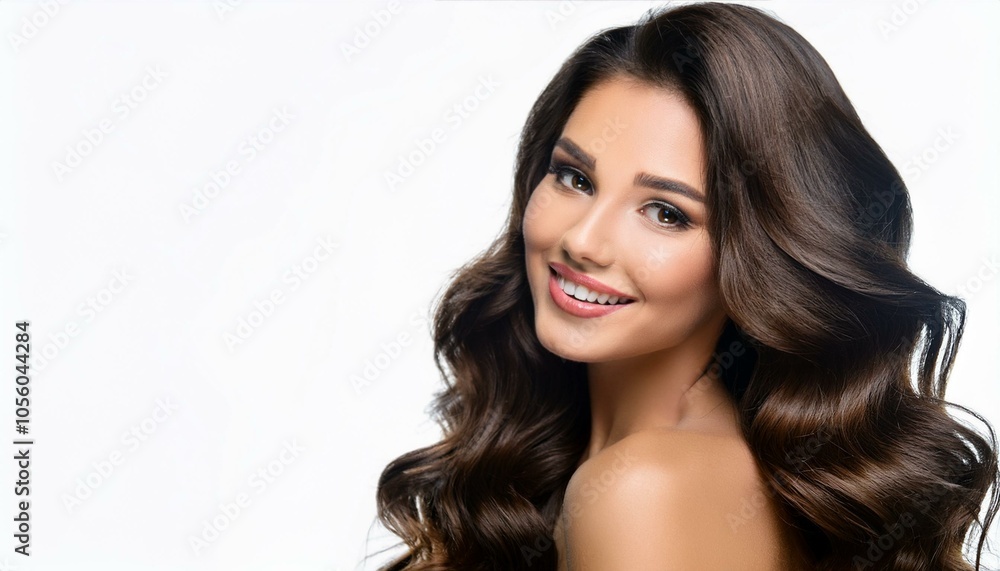 Beauty brunette girl with long shiny curly hair . Beautiful smiling woman model wavy hairstyle . Beauty brunette girl with long shiny curly hair . Beautiful smiling woman model wavy hairstyle .