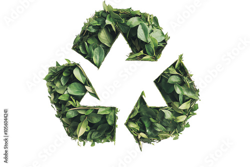 Recycling symbol made of lush green leaves on a white isolated background. photo