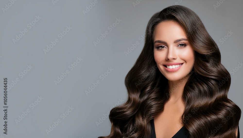 Beauty brunette girl with long shiny curly hair . Beautiful smiling woman model wavy hairstyle . Beauty brunette girl with long shiny curly hair . Beautiful smiling woman model wavy hairstyle .
