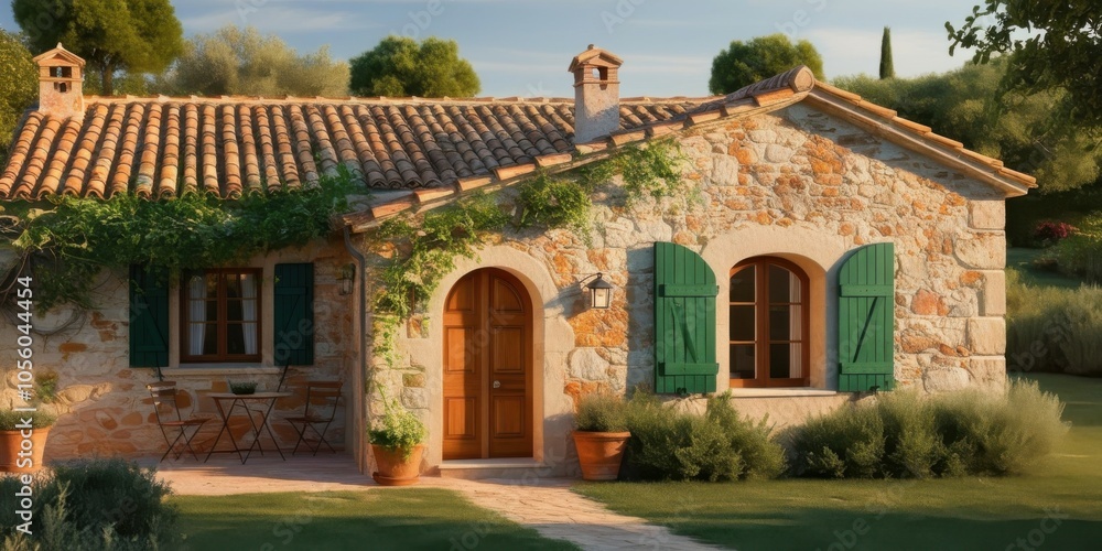 Obraz premium Rustic stone cottage, sun-drenched facade, vibrant green shutters, arched wooden door, terracotta roof tiles, climbing ivy, potted plants, Mediterranean style, warm evening light, charming countryside