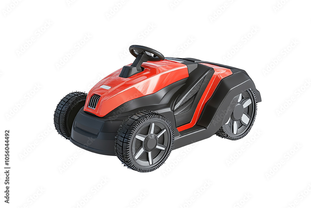 Fototapeta premium Red toy car with black details, designed for children, on a white isolated background.