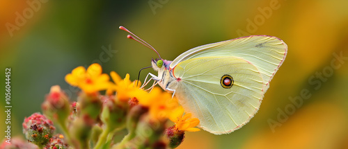 A delicate white butterfly with black markings perched on a yellow flower.