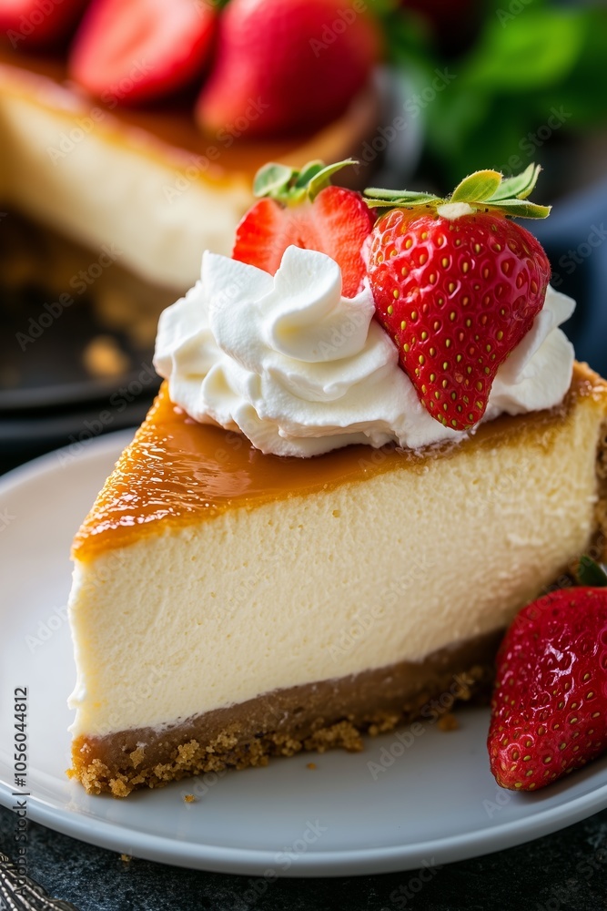 Delicious Slice of Creamy Cheesecake Topped With Fresh Strawberries and Whipped Cream Served on a White Plate Delicious Slice of Creamy Cheesecake Topped With Fresh Strawberries and Whipped Cream Served on a White Plate