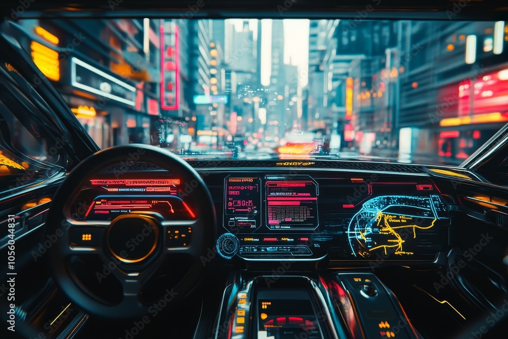 Interior of a futuristic car with a digital dashboard, a city street in the background. Interior of a futuristic car with a digital dashboard, a city street in the background.