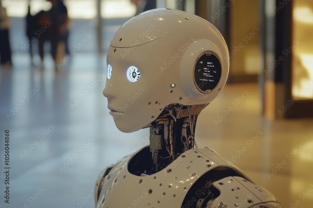 Photo of an AI robot in a shopping mall, a white humanoid with LED eyes. Photo of an AI robot in a shopping mall, a white humanoid with LED eyes.