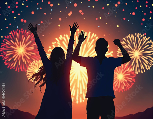 couple is standing in front of fireworks explode on the night sky with their arms raised in the air