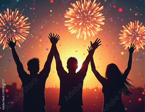 vector of a group of people raise up their hand with bokeh and fireworks bursting on the night sky