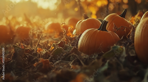Immerse in the rustic charm of a pumpkin field, with a mesmerizing close-up shot showcasing the essence of harvest time
