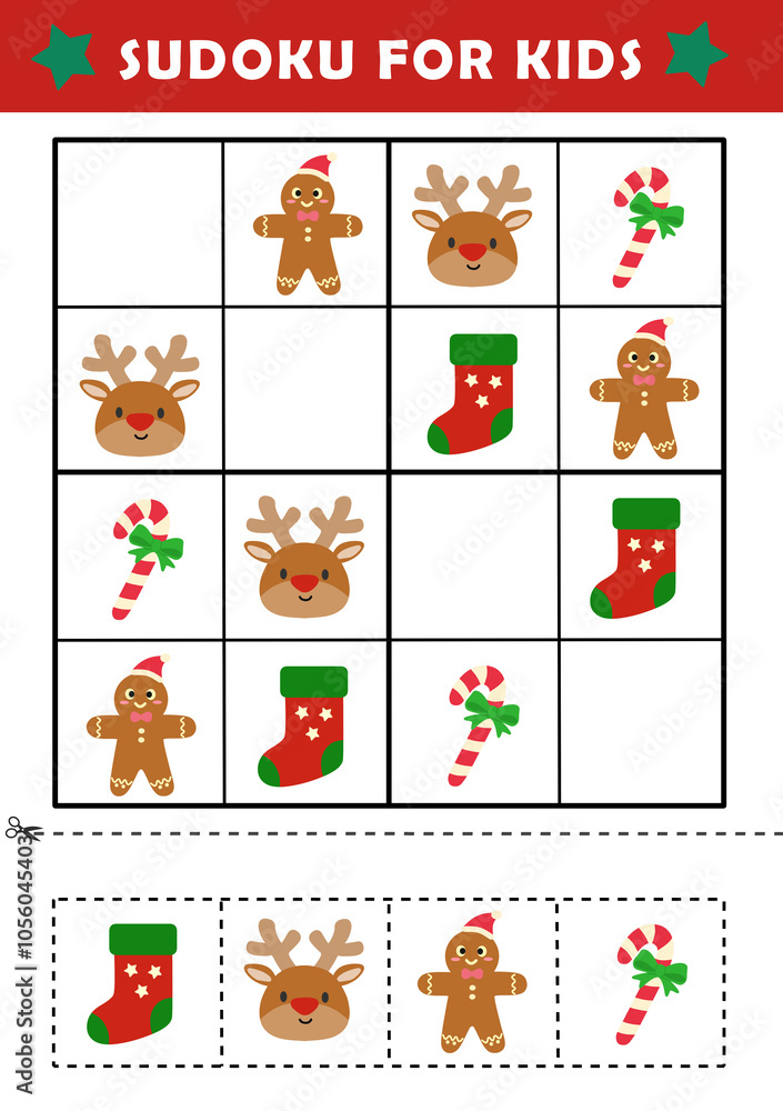 Fototapeta premium Christmas activity sheet. Sudoku logical reasoning activity for kids. Fun sudoku puzzle with cute christmas illustration. Children educational activity worksheet.