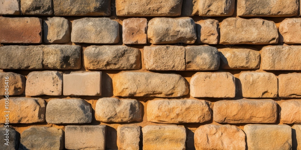 Fototapeta premium Ancient stone wall, weathered sandstone blocks, textured masonry, warm golden tones, irregular patterns, rustic architecture, historic fortress, sunlit surface, rough-hewn stonework, archaeological de