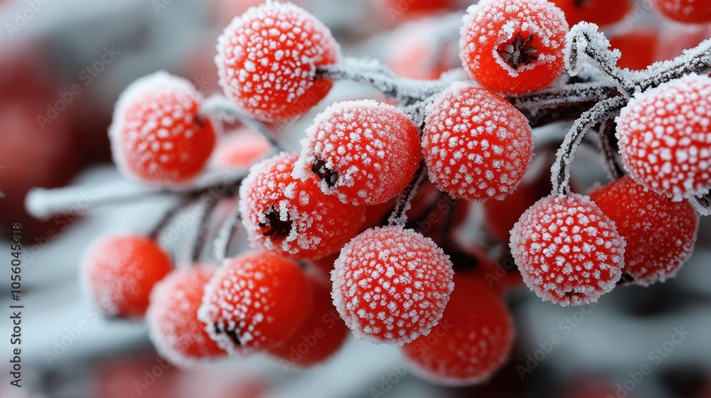 Close-up of red berries covered in frost on a branch, highlighting detailed frost patterns on the berries and stems. Close-up of red berries covered in frost on a branch, highlighting detailed frost patterns on the berries and stems.