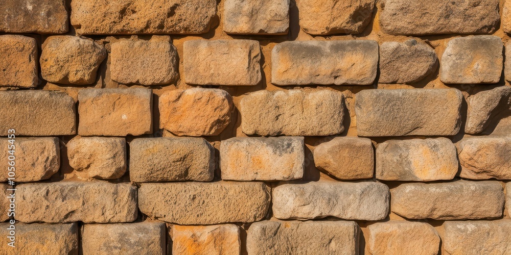 Ancient stone wall, weathered sandstone blocks, textured masonry, warm golden tones, irregular patterns, rustic architecture, historic fortress, sunlit surface, rough-hewn stonework, archaeological de