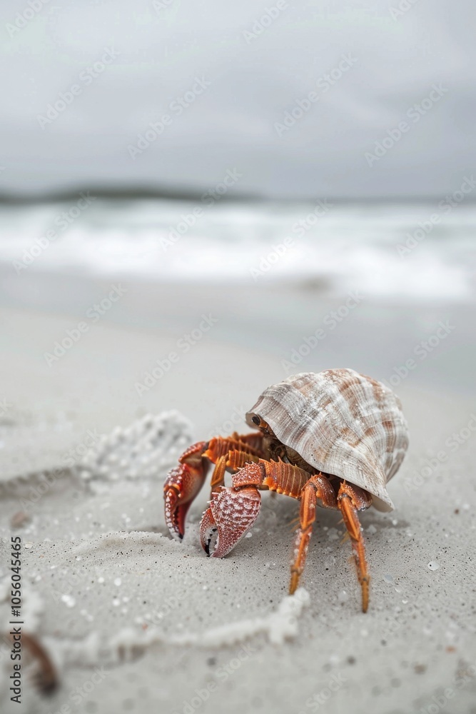 Colorful Hermit Crab Emerging from Shell on Sandy Beach Colorful Hermit Crab Emerging from Shell on Sandy Beach