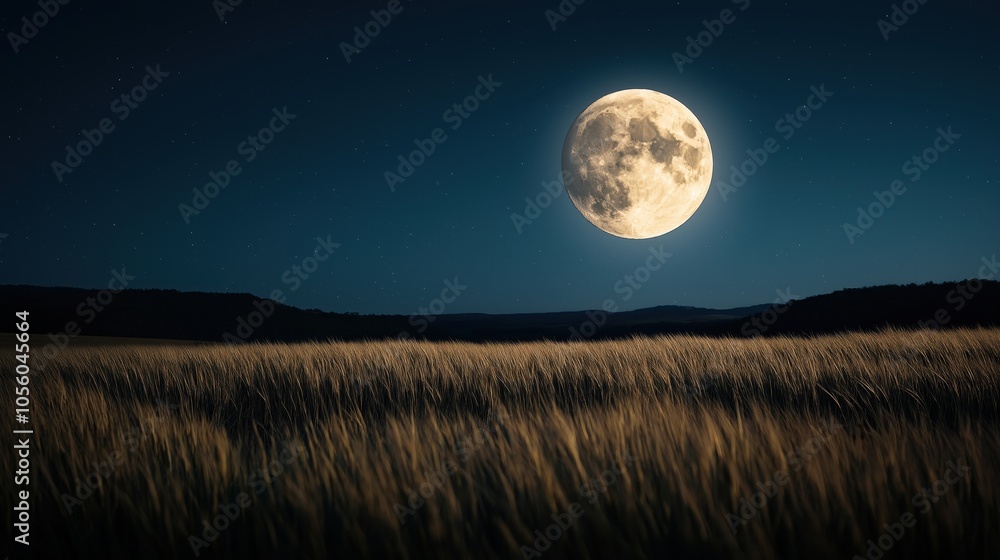 Full moon illuminating a field with tall grass under a starry night sky, with a silhouette of distant hills in the background. Full moon illuminating a field with tall grass under a starry night sky, with a silhouette of distant hills in the background.