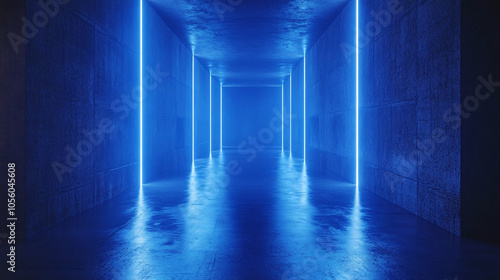 A Luminous Blue Corridor Illuminated With Neon Lights Creating an Eerie yet Captivating Atmosphere
