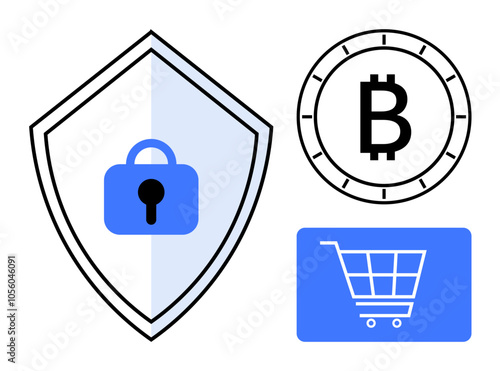 Lock on shield, Bitcoin symbol, shopping cart in blue rectangle. Ideal for cybersecurity, blockchain technology, online shopping, digital transactions, financial protection, e-commerce