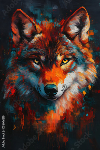 A Wolf with colorful, vibrant colors against a black background made in a digital art style, Oil painting effects, Poster design and picture design, Wall painting design